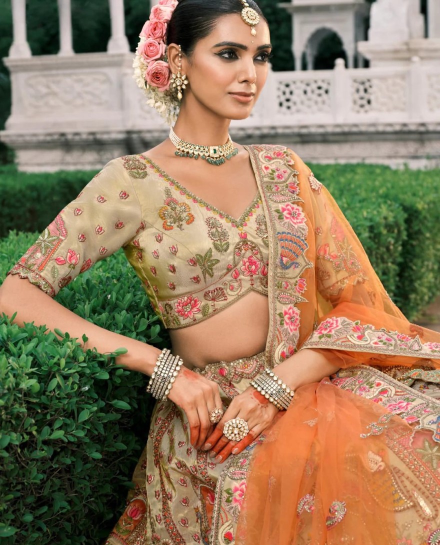 Beige - Beige & Orange Fancy Silk Lehenga Choli With Cut Work Embroidery Border & Stone Work